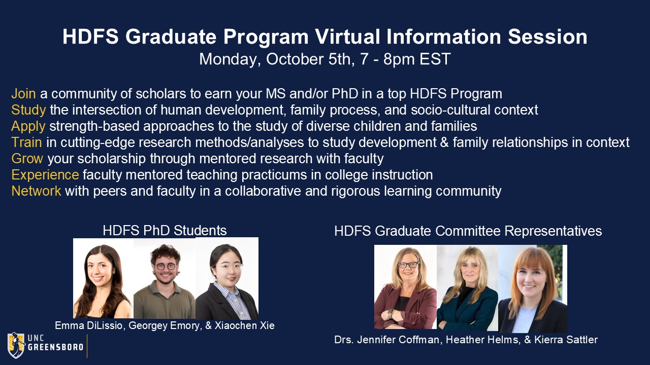 UNC Greensboro Human Development and Family Studies (HDFS) Graduate Program Virtual Information Session. Monday, October 5, 7:00 to 8:00 p.m. EST. The session invites prospective students to learn about MS and PhD degree opportunities in HDFS. Key highlights include studying human development, family processes, and sociocultural contexts; applying strength-based approaches to research and practice; training in advanced research methods and analyses; participating in faculty-mentored research and teaching experiences; and networking within a collaborative academic community. The graphic includes photos of HDFS PhD students and graduate committee representatives and features the UNC Greensboro logo.