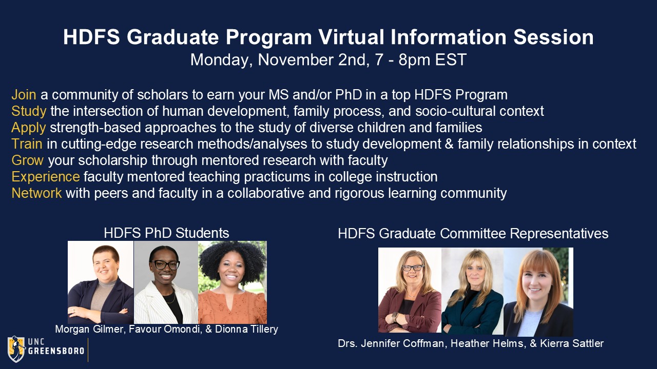 Promotional graphic for the UNC Greensboro Human Development and Family Studies (HDFS) Graduate Program Virtual Information Session on Monday, November 2, from 7:00 to 8:00 p.m. EST. The graphic highlights opportunities to earn an MS and/or PhD in HDFS, including studying human development and family processes, applying strength-based approaches, training in advanced research methods, participating in faculty-mentored research and teaching experiences, and networking within a collaborative learning community. The lower portion of the graphic includes headshots of HDFS PhD students and HDFS Graduate Committee representatives. The UNC Greensboro logo appears in the lower left corner.